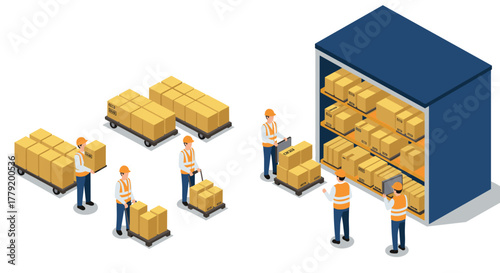 Efficient warehouse management with workers organizing and transporting boxes