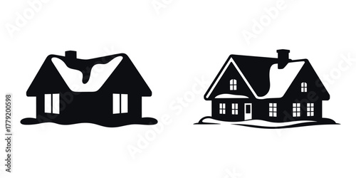 Snowy House Vector Illustration Set – Cozy Winter Home Silhouette, Cabin with Snow on Roof, Cold Season Landscape, Holiday Cottage, and Peaceful Frozen Weather Design Art