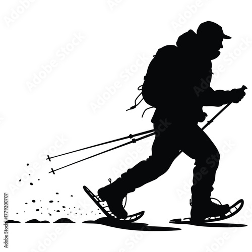 Snowshoe Hiker Vector Illustration – Winter Adventure Silhouette, Outdoor Travel Explorer, Cold Weather Hiking, Mountain Trekking, Snow Trail Walking and Wilderness Exploration Art