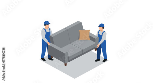 Isometric movers lifting sofa home furniture transport concept