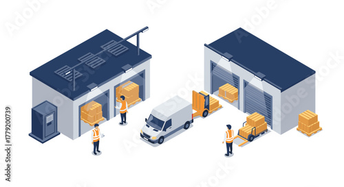 Efficient warehouse workflow with workers and delivery van in modern isometric design