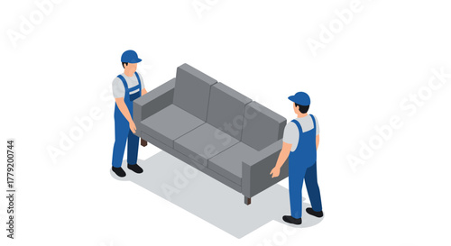 Movers carrying sofa in isometric style for furniture transport concept