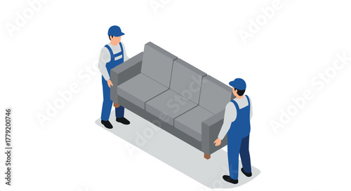Isometric workers lifting gray sofa for home moving concept
