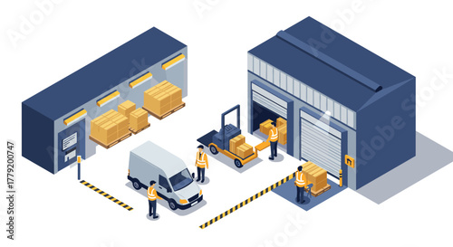 Isometric warehouse operations with workers, truck, and cargo handling