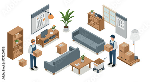 Isometric moving day scene with movers and furniture arrangement in modern living room