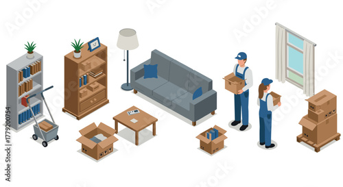 Isometric moving scene with furniture and movers in a living room setup