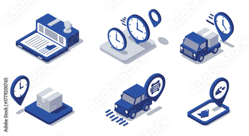 Blue isometric logistics and delivery icons featuring trucks and clocks
