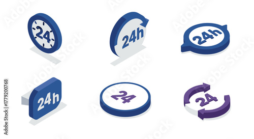 Collection of isometric 24 hour service icons in blue and white