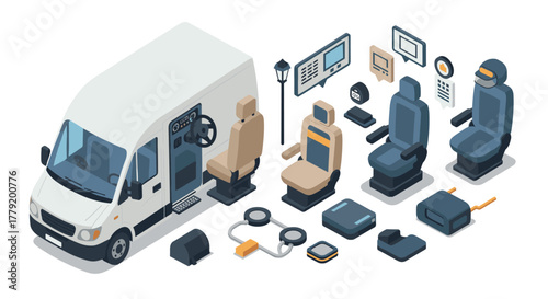 Isometric van interior elements including seats, steering wheel, and dashboard components