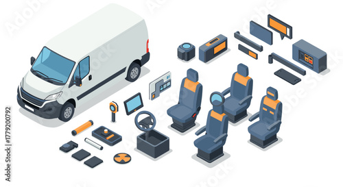Isometric van with customizable interior components and modern equipment