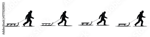 Person Pulling Sled Vector Illustration Set – Winter Activity Silhouette, Outdoor Snow Fun, Cold Season Adventure, Holiday Leisure, Sledge Ride and Winter Sports Design Art