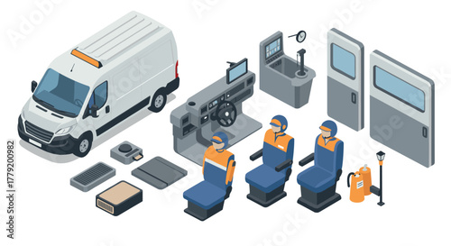 Isometric van assembly detailed components and interior elements