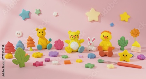 Whimsical clay animal figures with stars and plants, arranged on pink backdrop