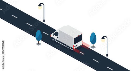 Delivery truck on isometric city road with street lamps and trees at night