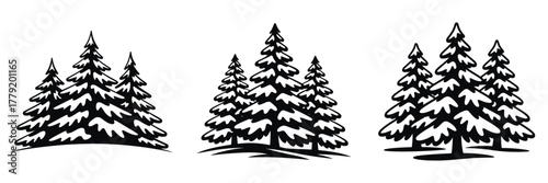Snowy Pine Trees Vector Illustration Set – Winter Forest Silhouette, Evergreen Landscape, Cold Season Nature Design, Holiday Woodland Scene, and Frozen Wilderness Tree Art