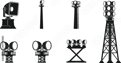 Silhouettes of stadium and industrial floodlight towers, vector illustration of outdoor lighting structures for large-scale illumination and infrastructure