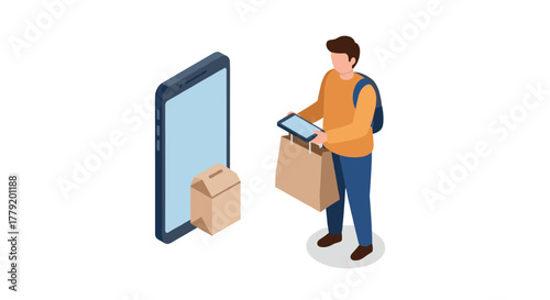Isometric online shopping concept with smartphone and shopper