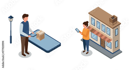 Isometric online shopping concept with mobile and delivery elements