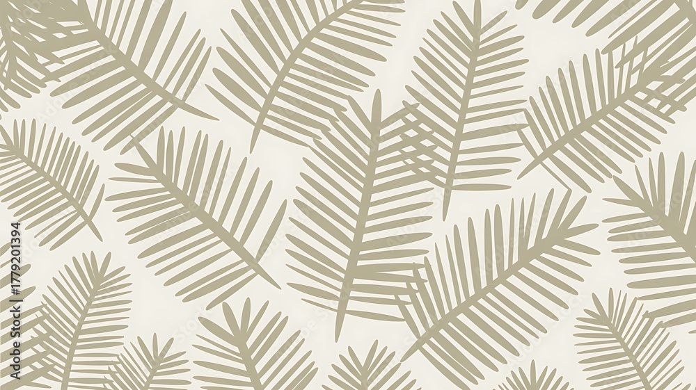 Fototapeta premium Artistic botanical illustration featuring a repeating pattern of tropical fern leaf outlines in a neutral beige color.