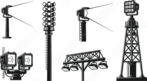 Silhouettes of stadium and industrial floodlight towers, vector illustration of outdoor lighting structures for large-scale illumination and infrastructure