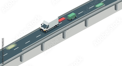 Isometric traffic on elevated highway with cars and van