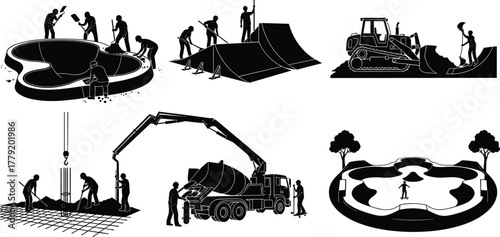 Silhouette vector illustration of workers constructing skatepark with concrete, bulldozer, crane, mixer truck, teamwork, architecture, engineering, recreation, safety, labor, and industry