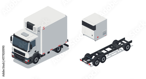 Isometric refrigerated truck with trailer and cooling unit on white background
