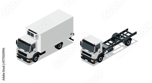 Isometric freight truck with chassis displayed on white background