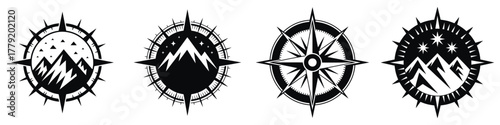 Winter Mountain Compass Vector Illustration Set – Adventure Travel Icons, Snowy Peak Emblem, Navigation Symbol, Cold Season Exploration, Outdoor Journey and Wilderness Expedition Art