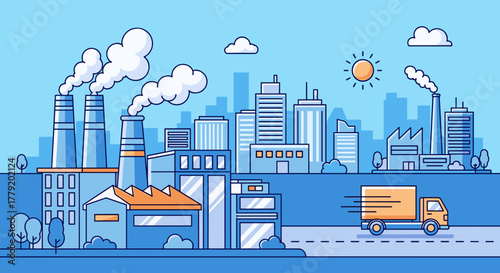 City skyline with factories emitting smoke and delivery truck Industrial manufacturing and logistics concept