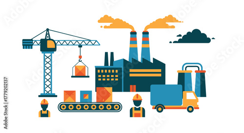 Global industry operations Factory production construction workers and logistics delivery