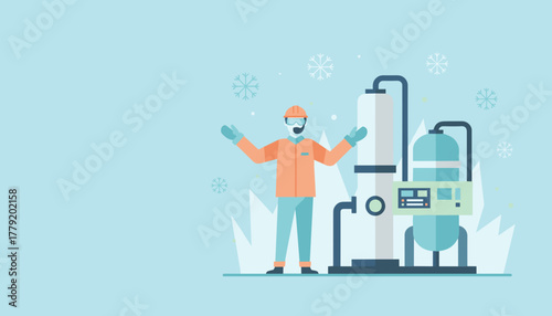 Industrial worker operating gas processing machinery in snowy cold conditions