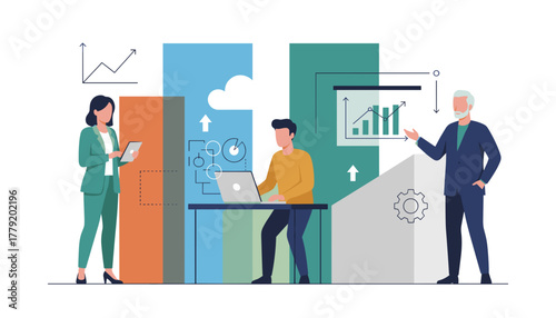 Professionals reviewing data strategy and business growth visualization