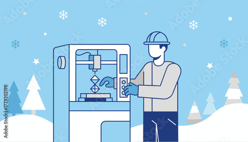 Technician using advanced 3D printing technology during winter season