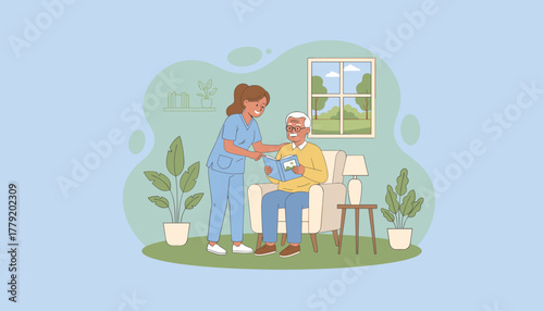 Caring nurse assists senior man reading indoors highlighting companionship and elderly support