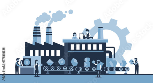 Workers manage factory production line with conveyor belts heavy machinery and industrial exhaust