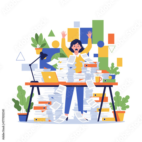 Office worker overwhelmed by huge piles of paperwork Stress workload and deadline pressure concept