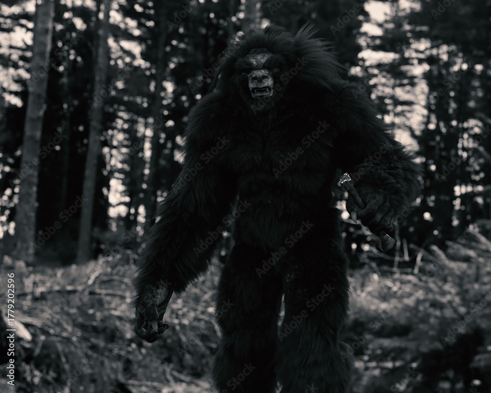 Fototapeta premium The aggressive variant of Bigfoot called a Gugwe in a forest holding a bone