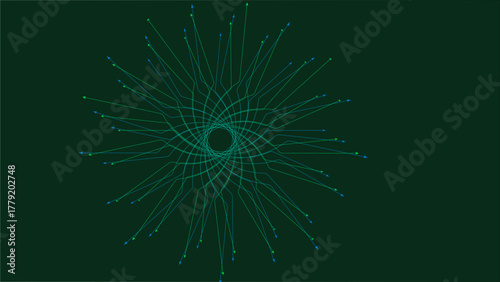 Abstract swirling vortex background with thin teal and blue lines on a deep, dark green backdrop.