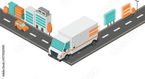 Isometric urban delivery scene with moving truck on city street