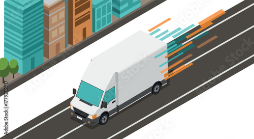 Urban delivery speeding cargo van in modern cityscape