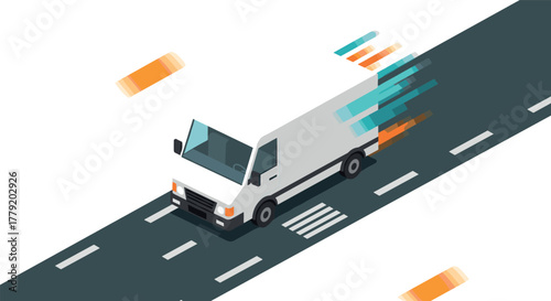 Isometric delivery van speeding on highway with motion blur effects
