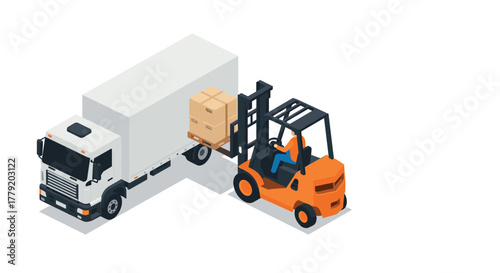 Isometric forklift loading boxes onto delivery truck in warehouse setting
