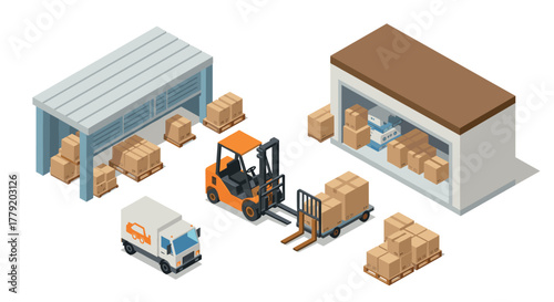 Isometric warehouse scene with forklift and delivery truck