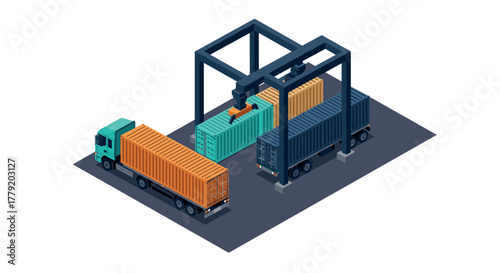 Isometric cargo trucks and shipping containers under crane