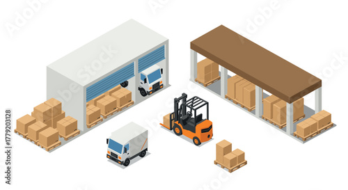 Isometric warehouse with forklift and delivery trucks