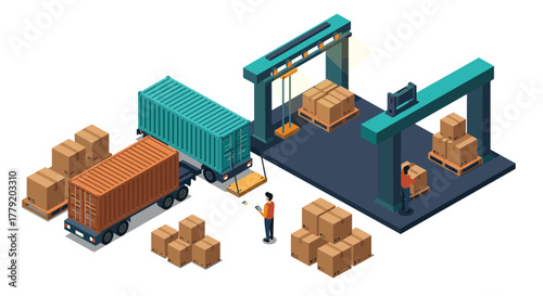 Isometric warehouse scene with containers and automated handling equipment