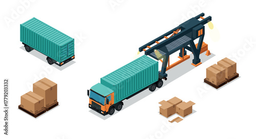 Isometric cargo transportation and logistics with containers and trucks