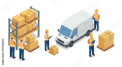 Warehouse logistics with delivery van and workers checking inventory in isometric style