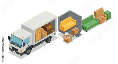 Isometric moving truck with furniture and boxes for relocation concept